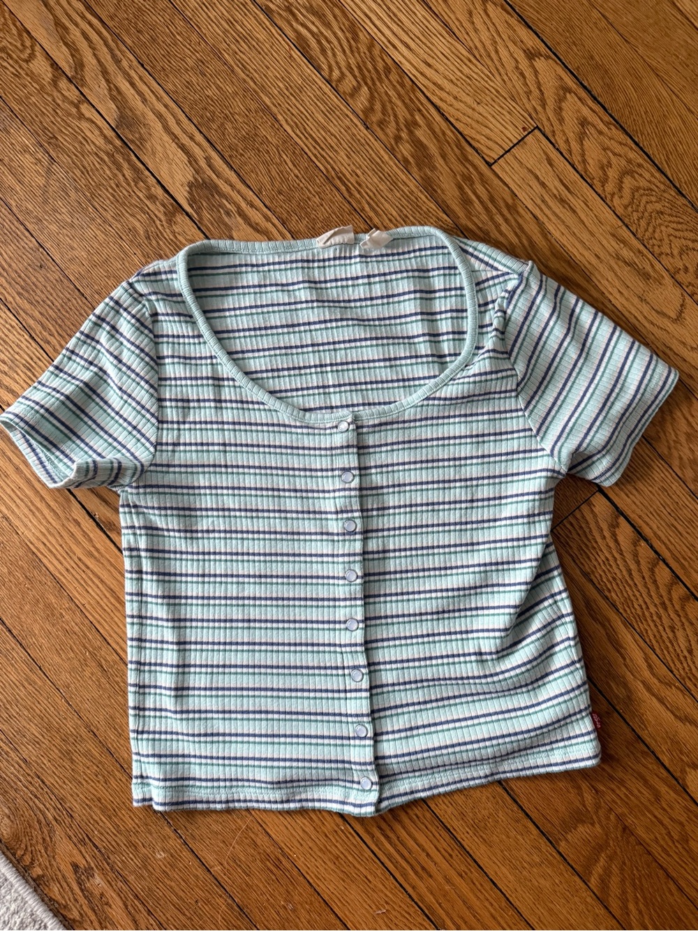Levi's Mint and Navy Striped Ribbed Crop Top - Size Medium